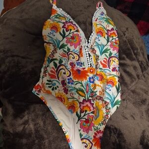 Floral Lace Trim One Piece Swimsuit